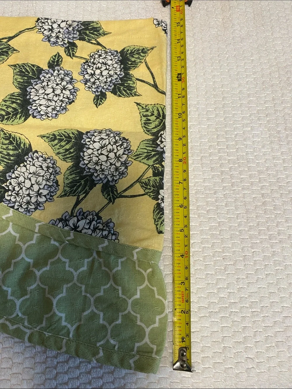 Yellow and Blue Hydrangea Cotton Valance with Green Geometric Scallop Trim 2PC